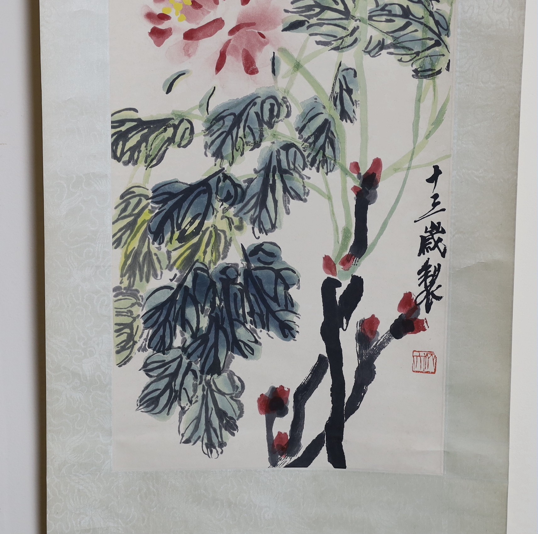 After Qi Baishi (1863-1957), Ribbon peonies, scroll picture , published by Tianjin Arts & Crafts Export Company, 1959, image 104cm x 33cm